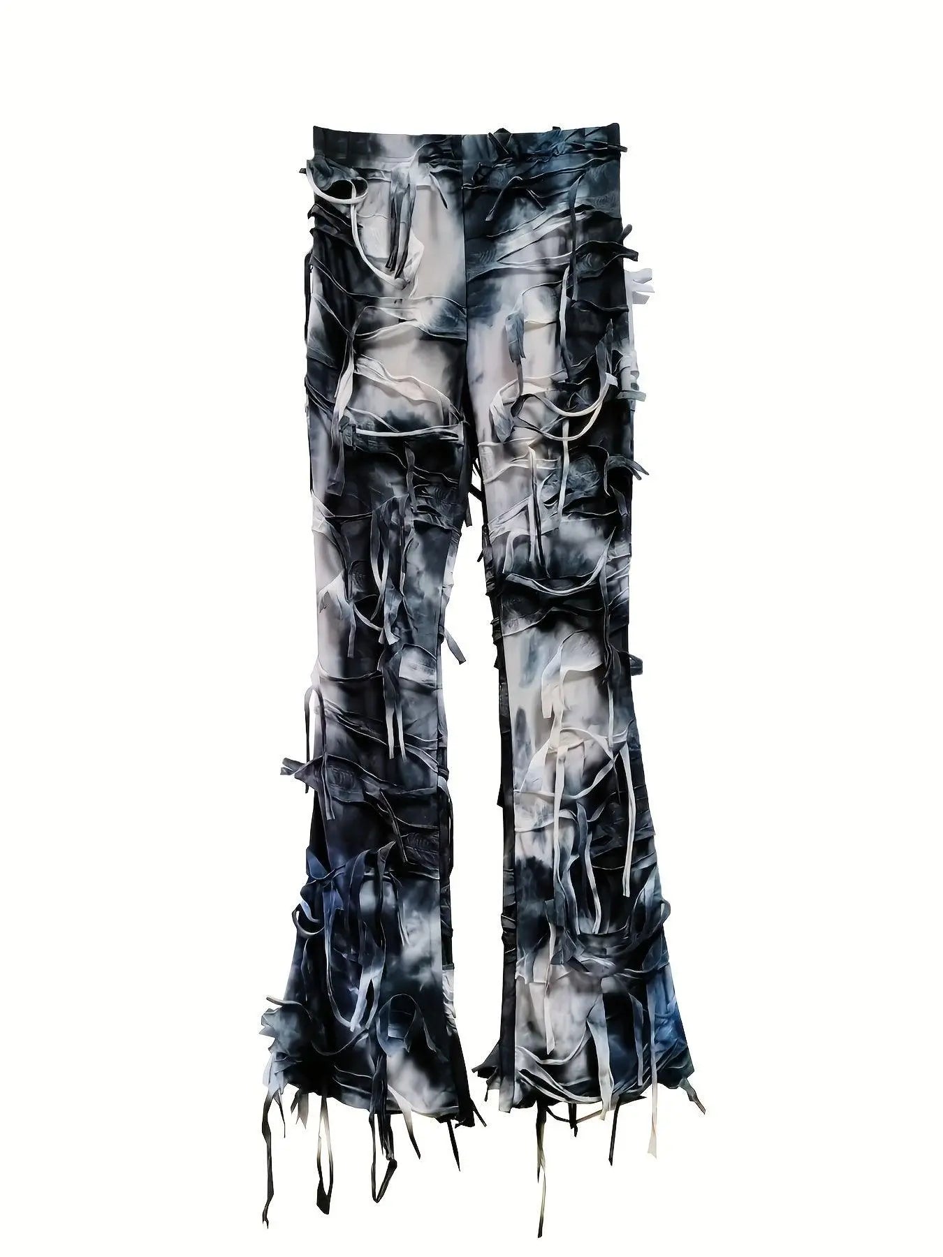 Tie Dye Print Flare Leg Pants, Y2K High Waist Skinny Tassel Mesh Pants For Fall & Winter, Women's Clothing SS69