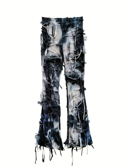 Tie Dye Print Flare Leg Pants, Y2K High Waist Skinny Tassel Mesh Pants For Fall & Winter, Women's Clothing SS69