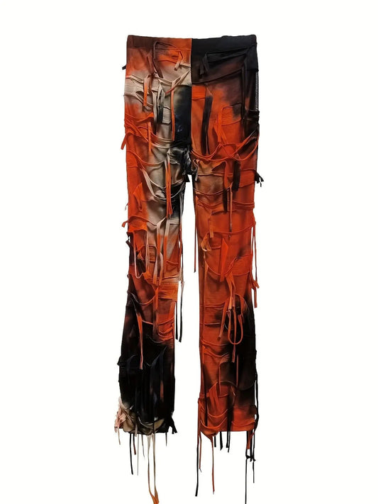 Tie Dye Print Flare Leg Pants, Y2K High Waist Skinny Tassel Mesh Pants For Fall & Winter, Women's Clothing SS69