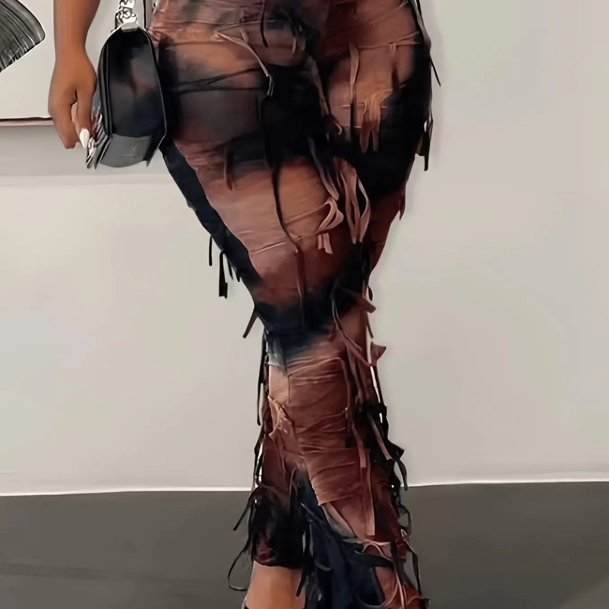Tie Dye Print Flare Leg Pants, Y2K High Waist Skinny Tassel Mesh Pants For Fall & Winter, Women's Clothing SS69