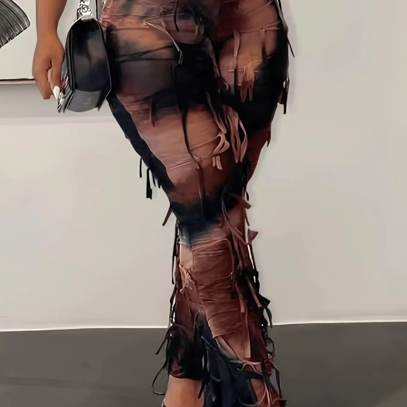 Tie Dye Print Flare Leg Pants, Y2K High Waist Skinny Tassel Mesh Pants For Fall & Winter, Women's Clothing SS69