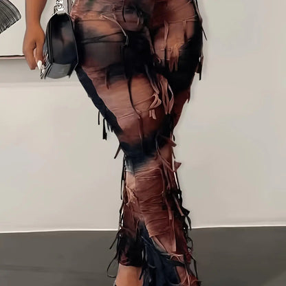 Tie Dye Print Flare Leg Pants, Y2K High Waist Skinny Tassel Mesh Pants For Fall & Winter, Women's Clothing SS69