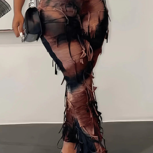 Tie Dye Print Flare Leg Pants, Y2K High Waist Skinny Tassel Mesh Pants For Fall & Winter, Women's Clothing SS69