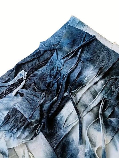 Tie Dye Print Flare Leg Pants, Y2K High Waist Skinny Tassel Mesh Pants For Fall & Winter, Women's Clothing SS69