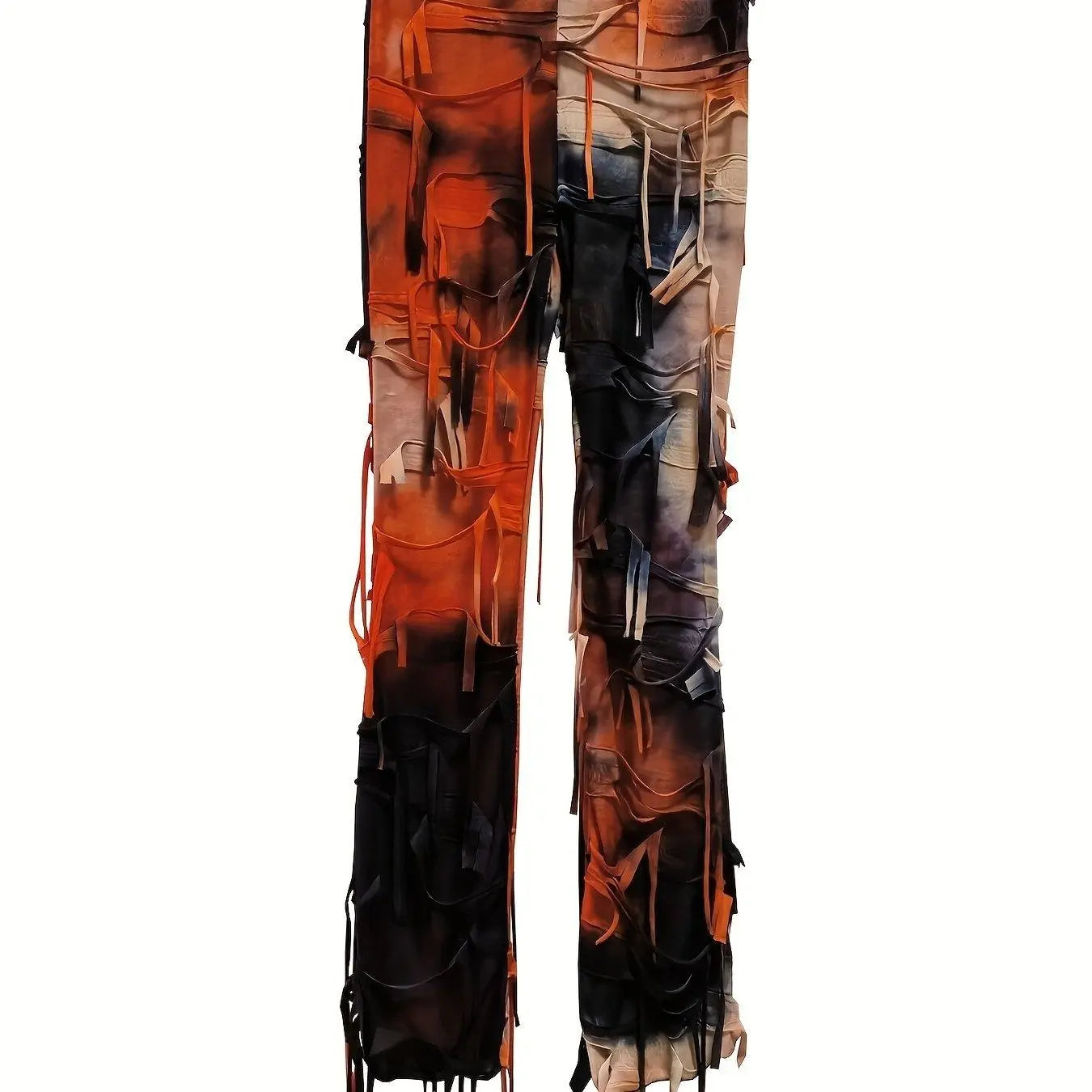Tie Dye Print Flare Leg Pants, Y2K High Waist Skinny Tassel Mesh Pants For Fall & Winter, Women's Clothing SS69