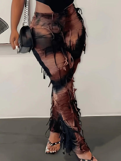 Tie Dye Print Flare Leg Pants, Y2K High Waist Skinny Tassel Mesh Pants For Fall & Winter, Women's Clothing SS69
