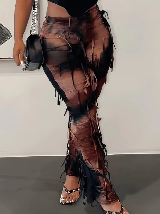 Tie Dye Print Flare Leg Pants, Y2K High Waist Skinny Tassel Mesh Pants For Fall & Winter, Women's Clothing SS69