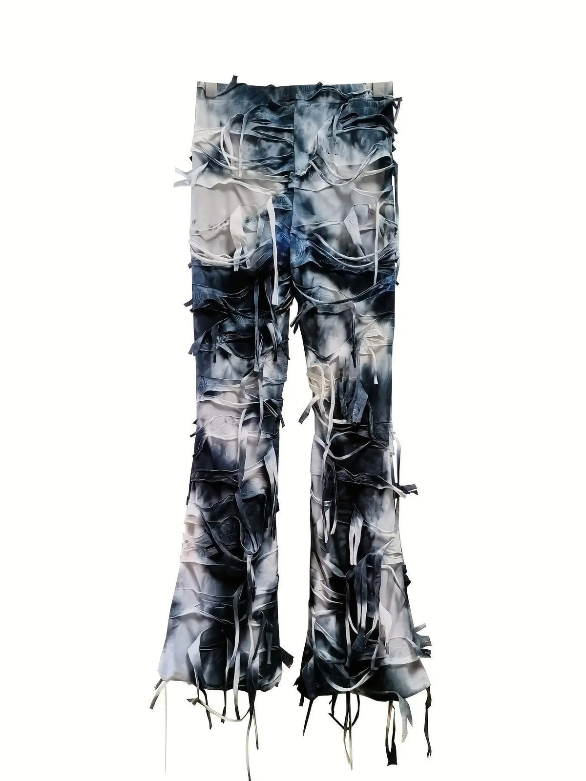 Tie Dye Print Flare Leg Pants, Y2K High Waist Skinny Tassel Mesh Pants For Fall & Winter, Women's Clothing SS69