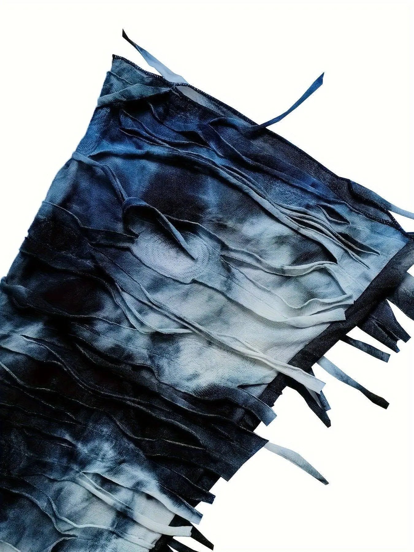 Tie Dye Print Flare Leg Pants, Y2K High Waist Skinny Tassel Mesh Pants For Fall & Winter, Women's Clothing SS69