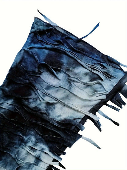 Tie Dye Print Flare Leg Pants, Y2K High Waist Skinny Tassel Mesh Pants For Fall & Winter, Women's Clothing SS69