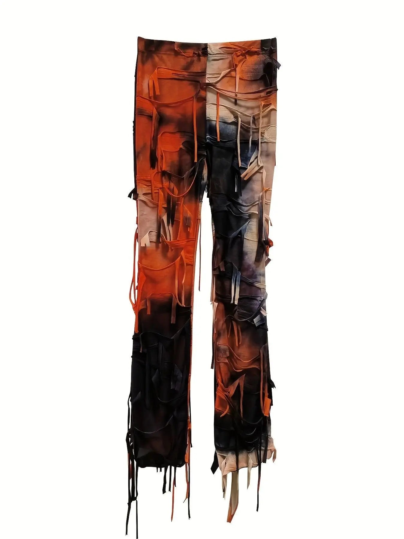 Tie Dye Print Flare Leg Pants, Y2K High Waist Skinny Tassel Mesh Pants For Fall & Winter, Women's Clothing SS69