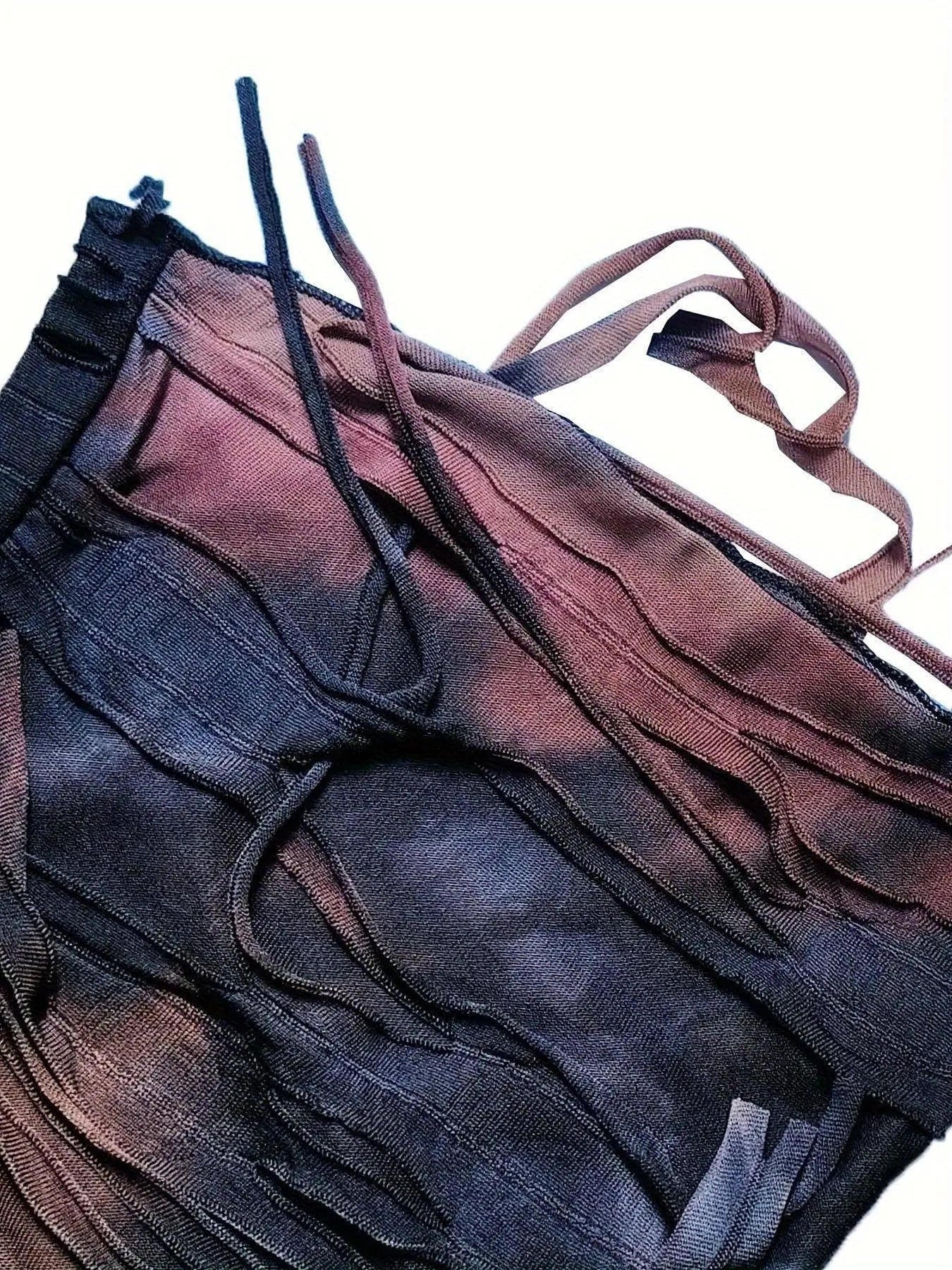 Tie Dye Print Flare Leg Pants, Y2K High Waist Skinny Tassel Mesh Pants For Fall & Winter, Women's Clothing SS69