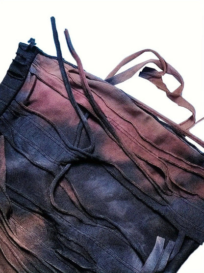 Tie Dye Print Flare Leg Pants, Y2K High Waist Skinny Tassel Mesh Pants For Fall & Winter, Women's Clothing SS69