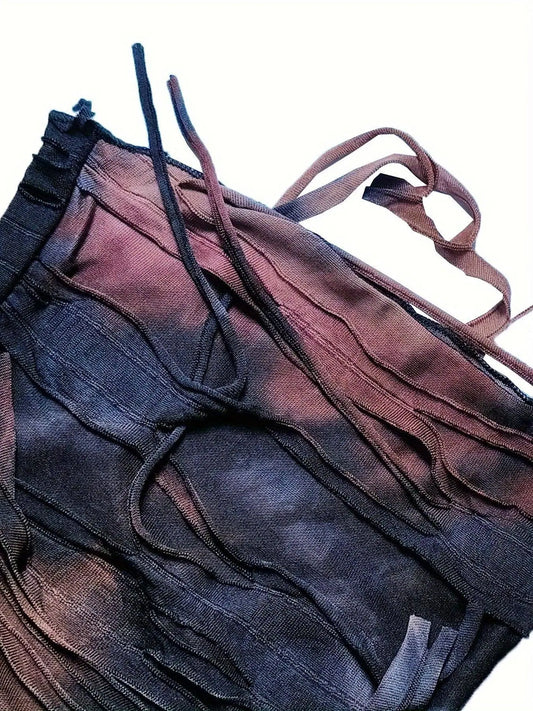 Tie Dye Print Flare Leg Pants, Y2K High Waist Skinny Tassel Mesh Pants For Fall & Winter, Women's Clothing SS69