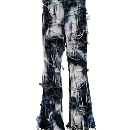 Tie Dye Print Flare Leg Pants, Y2K High Waist Skinny Tassel Mesh Pants For Fall & Winter, Women's Clothing SS69