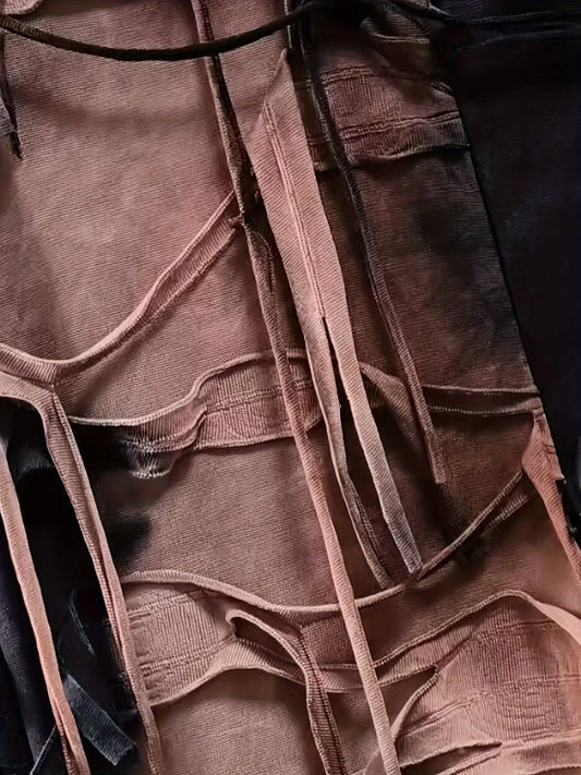 Tie Dye Print Flare Leg Pants, Y2K High Waist Skinny Tassel Mesh Pants For Fall & Winter, Women's Clothing SS69