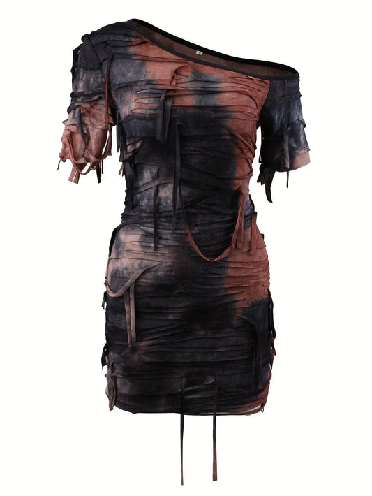 Tie Dye Print Tassel Asymmetrical Dress, Y2K Short Sleeve Dress For Spring & Summer, Women's Clothing SS69