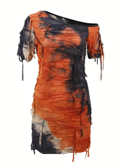 Tie Dye Print Tassel Asymmetrical Dress, Y2K Short Sleeve Dress For Spring & Summer, Women's Clothing SS69