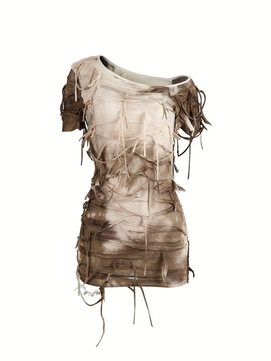 Tie Dye Print Tassel Asymmetrical Dress, Y2K Short Sleeve Dress For Spring & Summer, Women's Clothing SS69