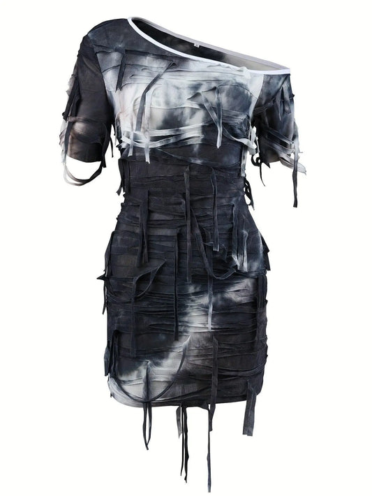 Tie Dye Print Tassel Asymmetrical Dress, Y2K Short Sleeve Dress For Spring & Summer, Women's Clothing SS69