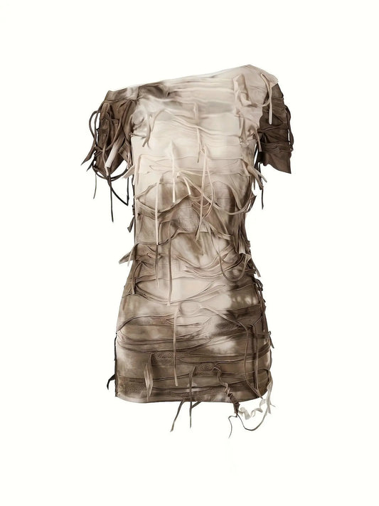 Tie Dye Print Tassel Asymmetrical Dress, Y2K Short Sleeve Dress For Spring & Summer, Women's Clothing SS69