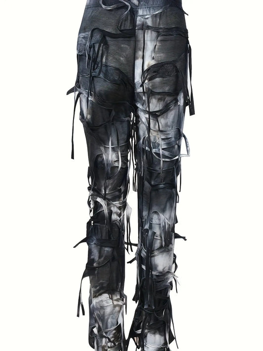 Tie Dye Tassel Decor Slim Pants, Distress High Waist Long Length Stylish Pants, Women's Clothing SS69