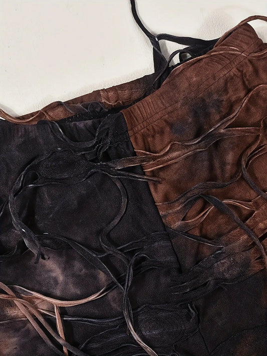 Tie Dye Tassel Decor Slim Pants, Distress High Waist Long Length Stylish Pants, Women's Clothing SS69