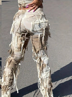 Tie Dye Tassel Decor Slim Pants, Distress High Waist Long Length Stylish Pants, Women's Clothing SS69