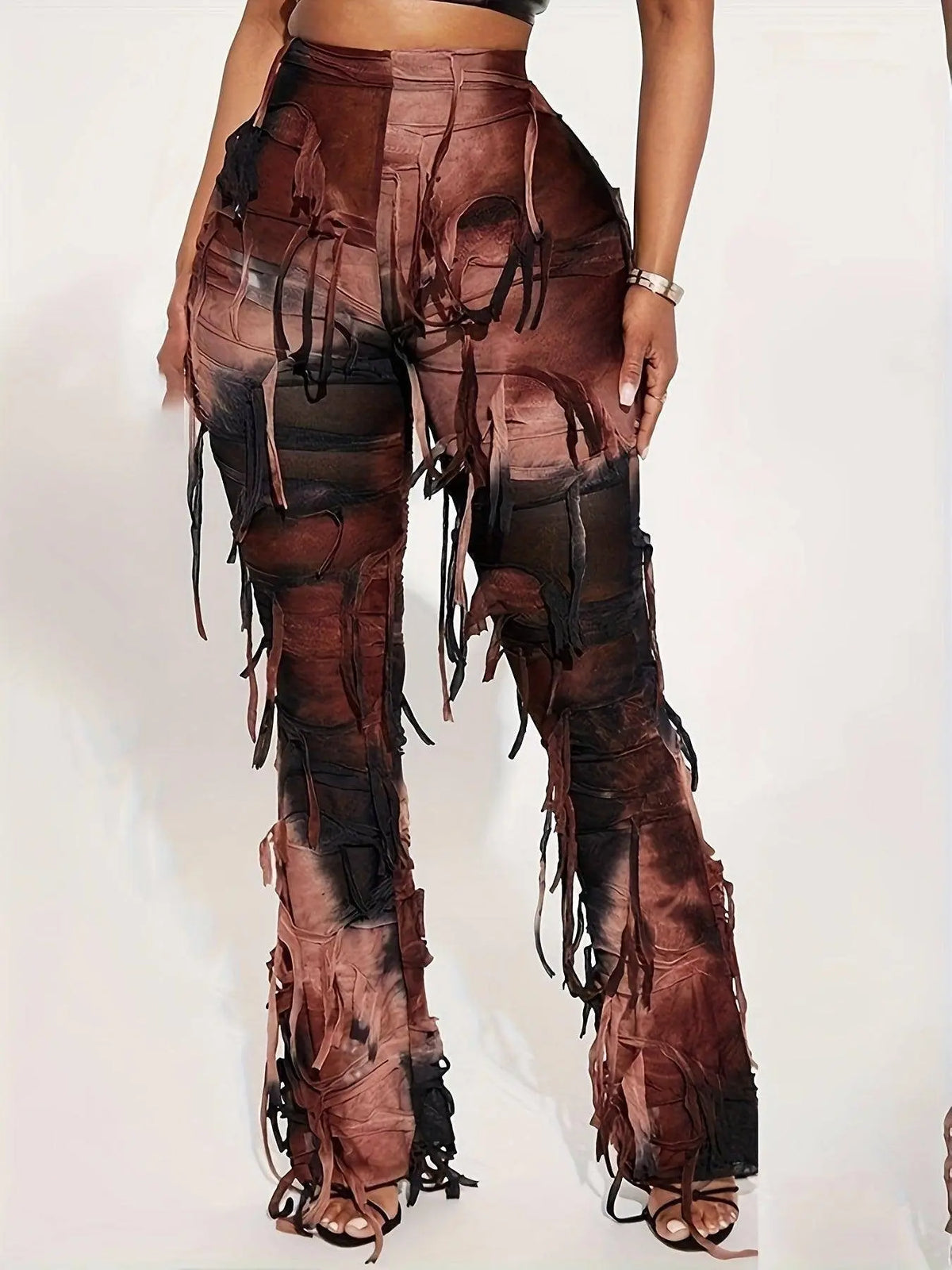 Tie Dye Tassel Decor Slim Pants, Distress High Waist Long Length Stylish Pants, Women's Clothing SS69