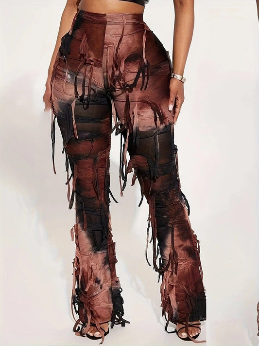 Tie Dye Tassel Decor Slim Pants, Distress High Waist Long Length Stylish Pants, Women's Clothing SS69