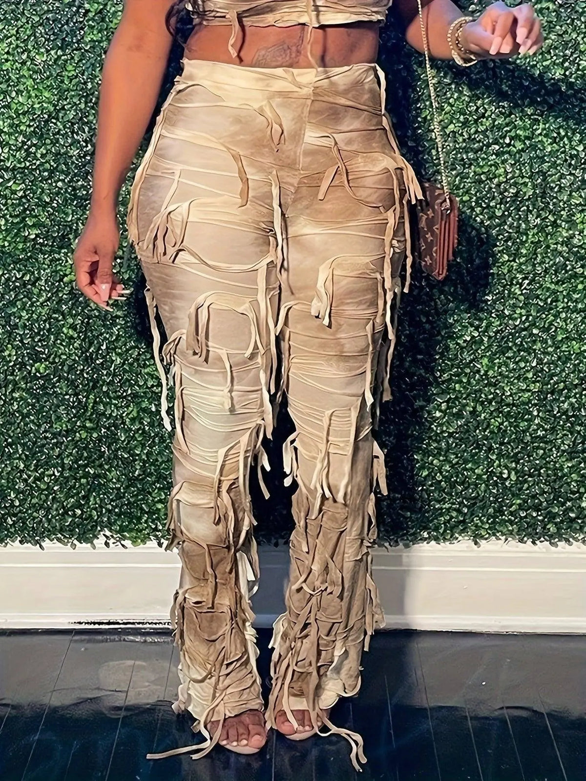 Tie Dye Tassel Decor Slim Pants, Distress High Waist Long Length Stylish Pants, Women's Clothing SS69