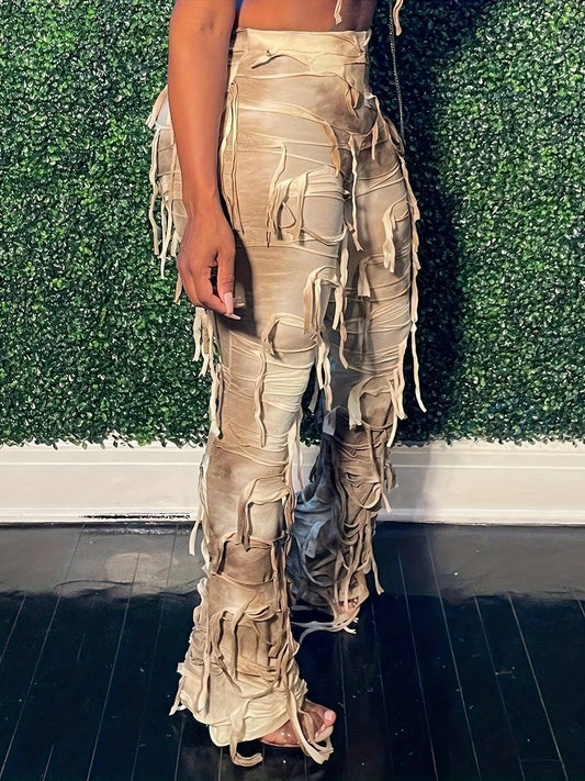 Tie Dye Tassel Decor Slim Pants, Distress High Waist Long Length Stylish Pants, Women's Clothing SS69