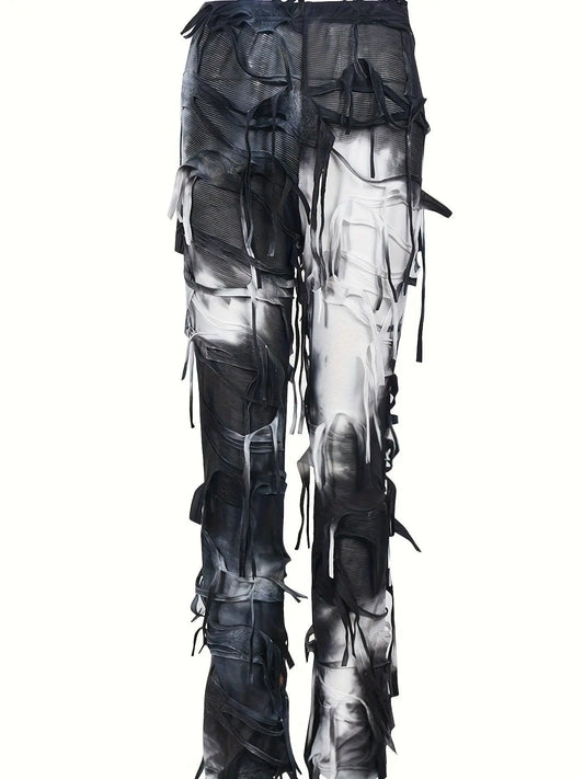 Tie Dye Tassel Decor Slim Pants, Distress High Waist Long Length Stylish Pants, Women's Clothing SS69