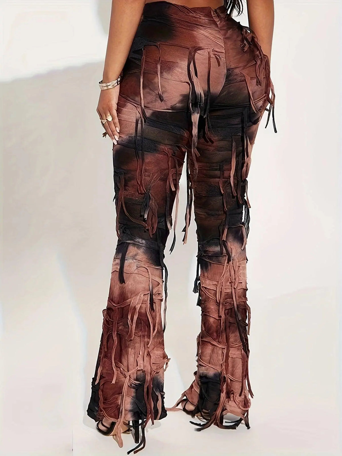 Tie Dye Tassel Decor Slim Pants, Distress High Waist Long Length Stylish Pants, Women's Clothing SS69