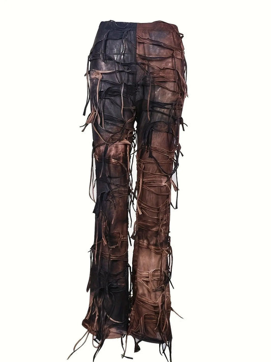 Tie Dye Tassel Decor Slim Pants, Distress High Waist Long Length Stylish Pants, Women's Clothing SS69