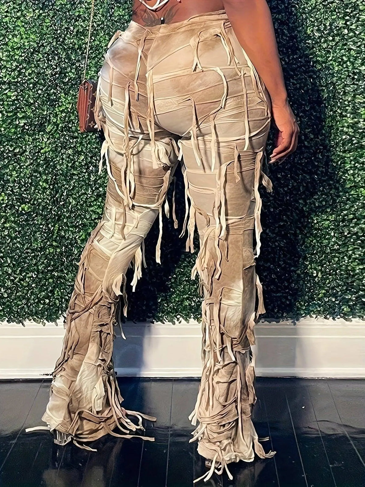 Tie Dye Tassel Decor Slim Pants, Distress High Waist Long Length Stylish Pants, Women's Clothing SS69