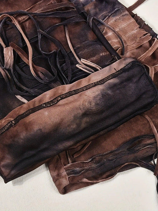 Tie Dye Tassel Decor Slim Pants, Distress High Waist Long Length Stylish Pants, Women's Clothing SS69