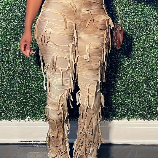 Tie Dye Tassel Decor Slim Pants, Distress High Waist Long Length Stylish Pants, Women's Clothing SS69