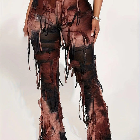 Tie Dye Tassel Decor Slim Pants, Distress High Waist Long Length Stylish Pants, Women's Clothing SS69