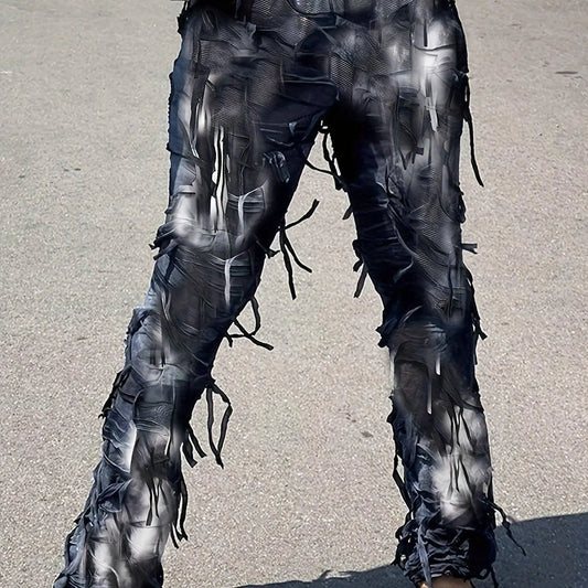 Tie Dye Tassel Decor Slim Pants, Distress High Waist Long Length Stylish Pants, Women's Clothing SS69