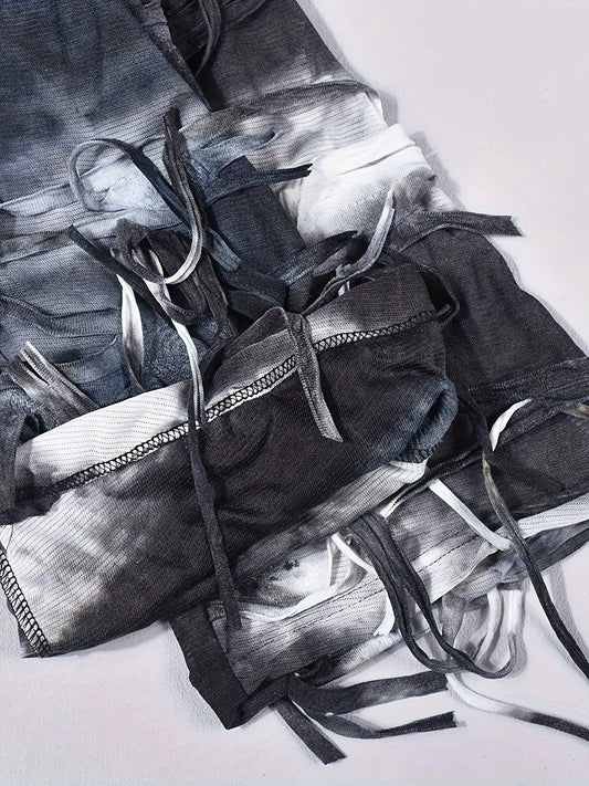 Tie Dye Tassel Decor Slim Pants, Distress High Waist Long Length Stylish Pants, Women's Clothing SS69