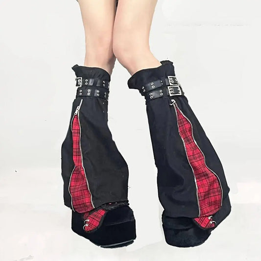 Trend Original Subculture Punk Gothic Style Cool Red Grid Zipper Adjustable Leggings + 4 Straps SS69