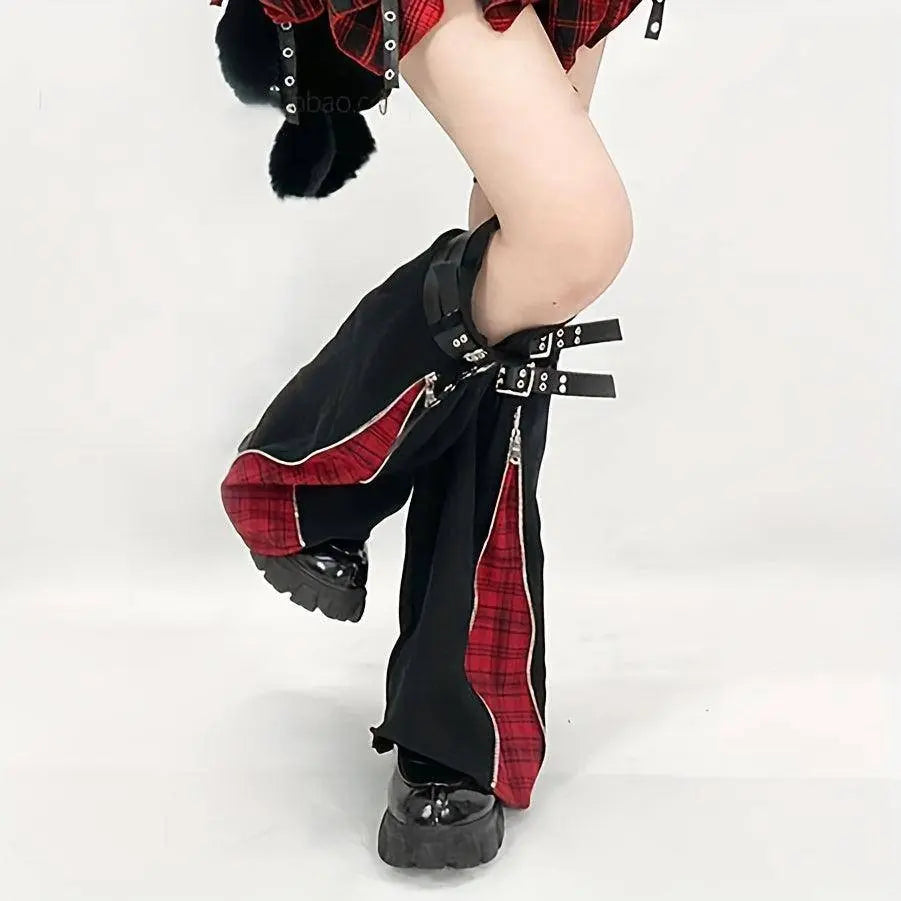 Trend Original Subculture Punk Gothic Style Cool Red Grid Zipper Adjustable Leggings + 4 Straps SS69