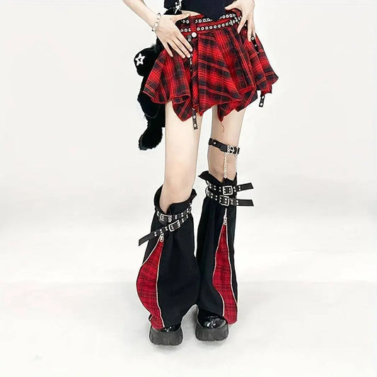 Trend Original Subculture Punk Gothic Style Cool Red Grid Zipper Adjustable Leggings + 4 Straps SS69