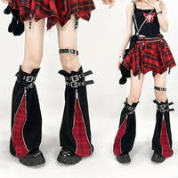 Trend Original Subculture Punk Gothic Style Cool Red Grid Zipper Adjustable Leggings + 4 Straps SS69