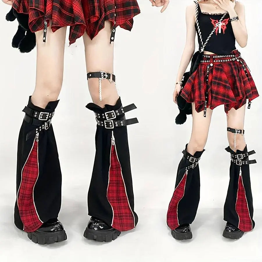 Trend Original Subculture Punk Gothic Style Cool Red Grid Zipper Adjustable Leggings + 4 Straps SS69