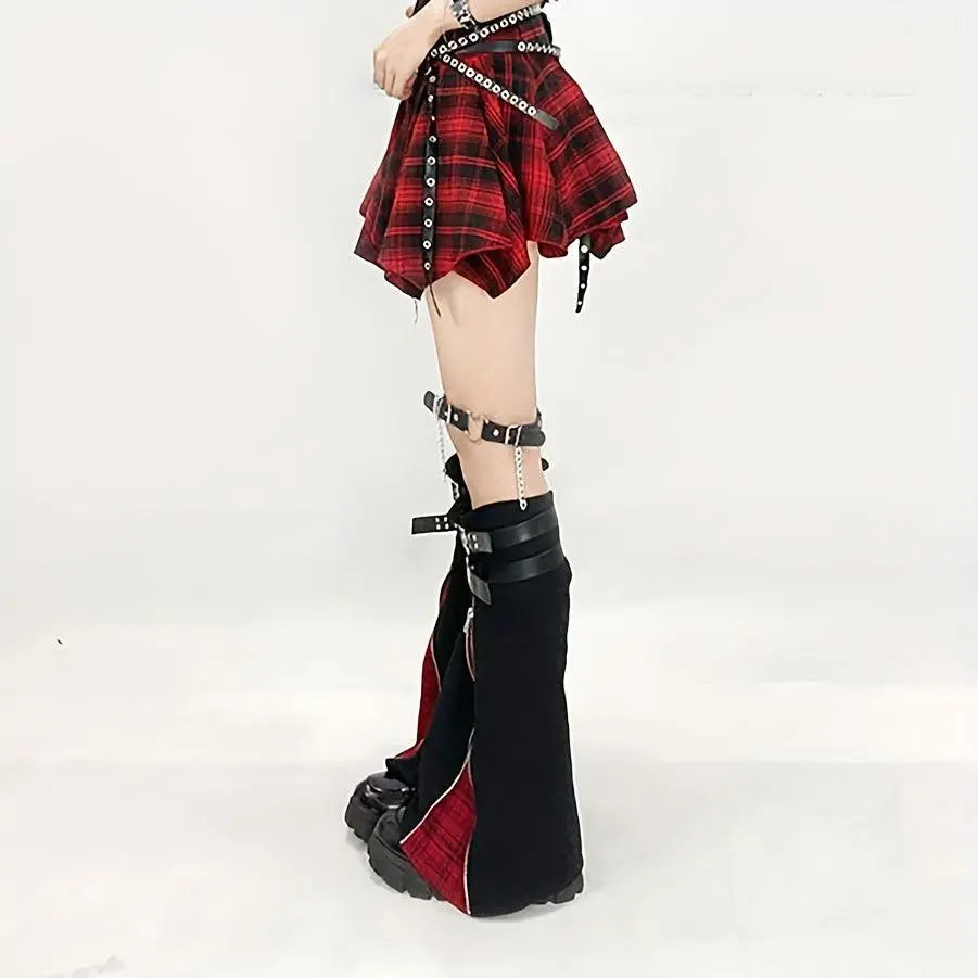 Trend Original Subculture Punk Gothic Style Cool Red Grid Zipper Adjustable Leggings + 4 Straps SS69
