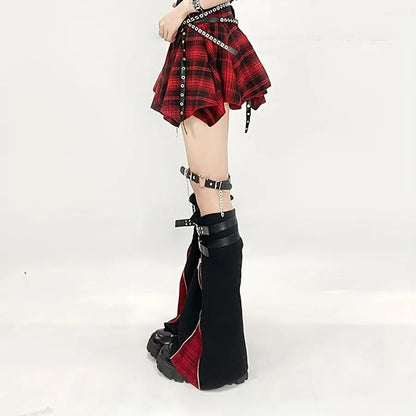 Trend Original Subculture Punk Gothic Style Cool Red Grid Zipper Adjustable Leggings + 4 Straps SS69