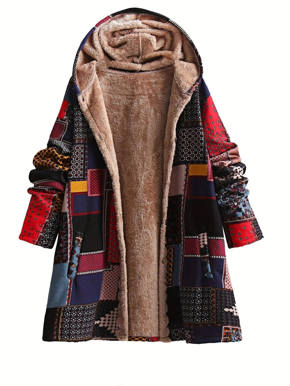 Tribal Print Button Front Faux Fur Lined Warm Coat, Casual Long Sleeve Pockets Hoodie Coat For Winter, Women's Clothing SS69
