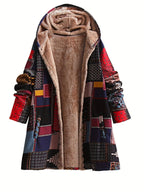 Tribal Print Button Front Faux Fur Lined Warm Coat, Casual Long Sleeve Pockets Hoodie Coat For Winter, Women's Clothing SS69